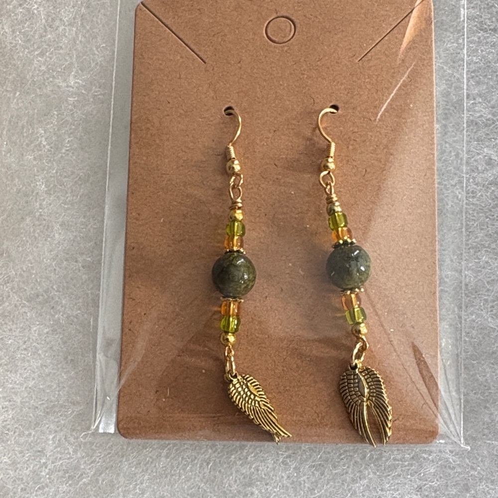 Gold and Green Beaded Wing Earrings